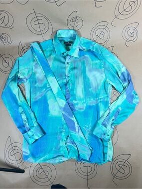 Men's Aqua Blue Abstract Print Button-Up Shirt by Unknown Brand